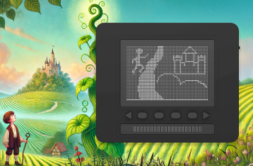 잭과 콩나무 동화 배경에 닷패드에 콩나무 줄기를 타고 올라가는 잭의 그림이 그려진 이미지